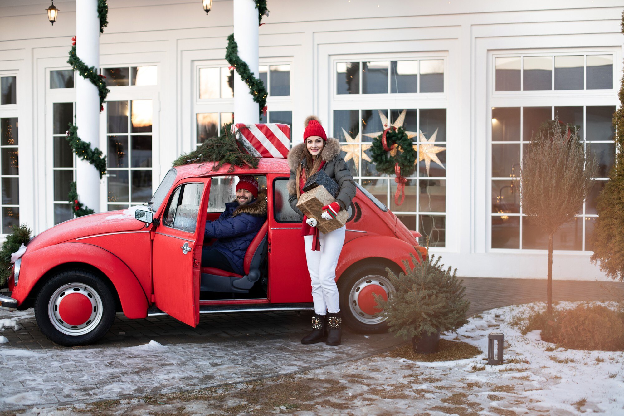 beautiful-caucasian-girl-warm-winter-clothes-carries-boxes-with-christmas-gifts-red-car-her-husband_132075-6469 delivery